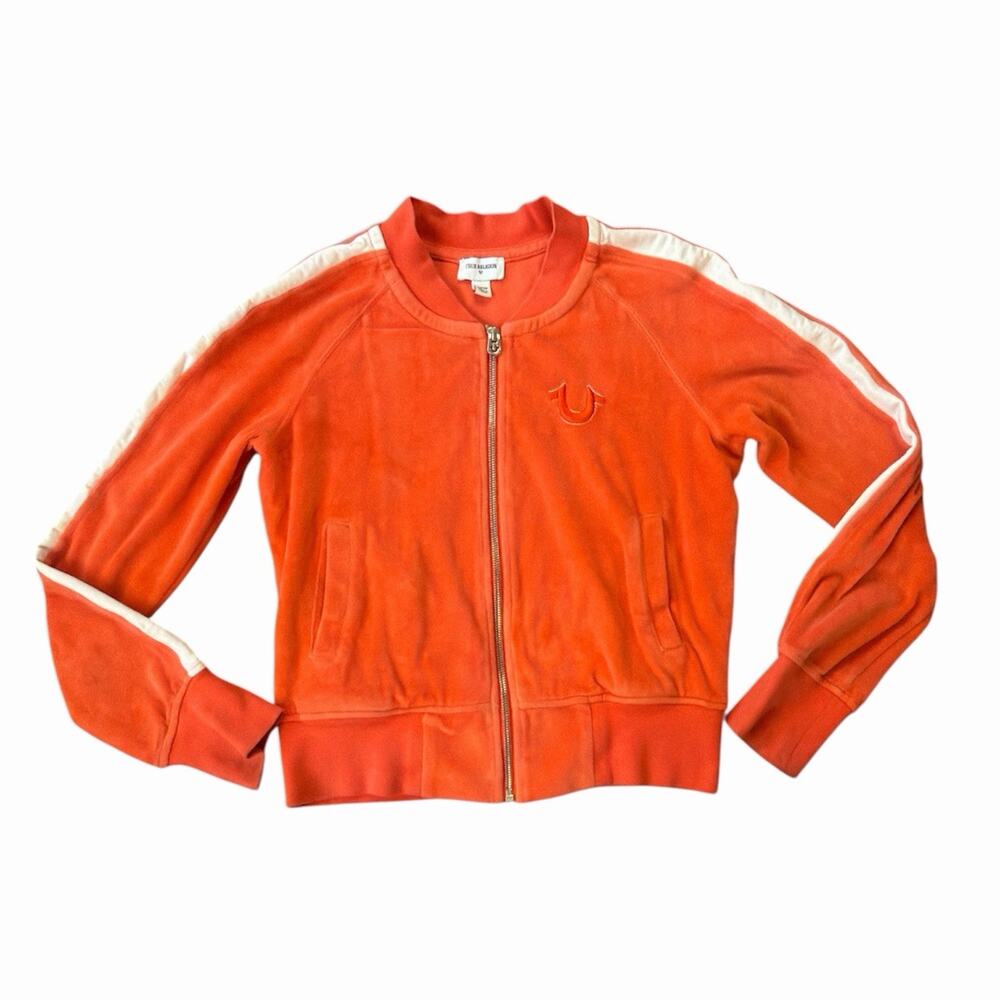 Y2K True Religion Orange Velour Cropped Zip Up Size XS Womens Sweatshirt